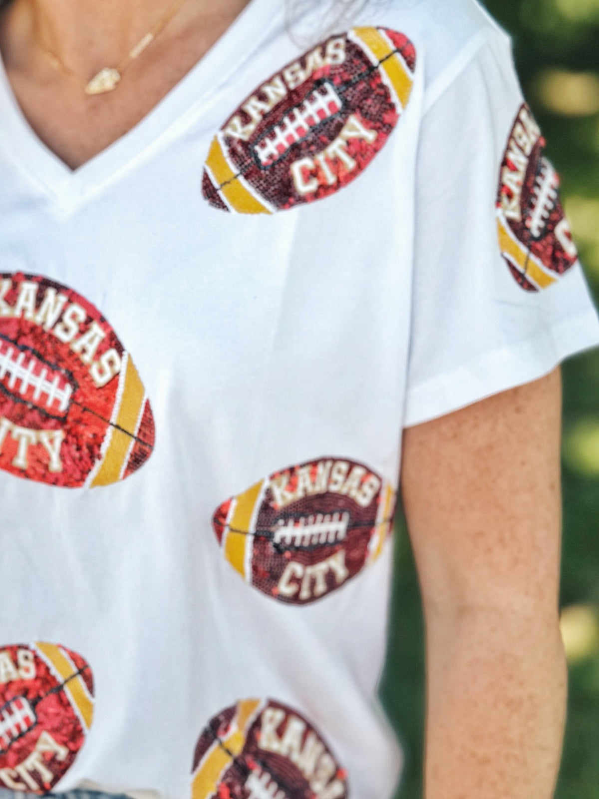 KC Scatter Football V Neck Tee - Queen of Sparkles x Amelia's Collab - Amelia's Boutique