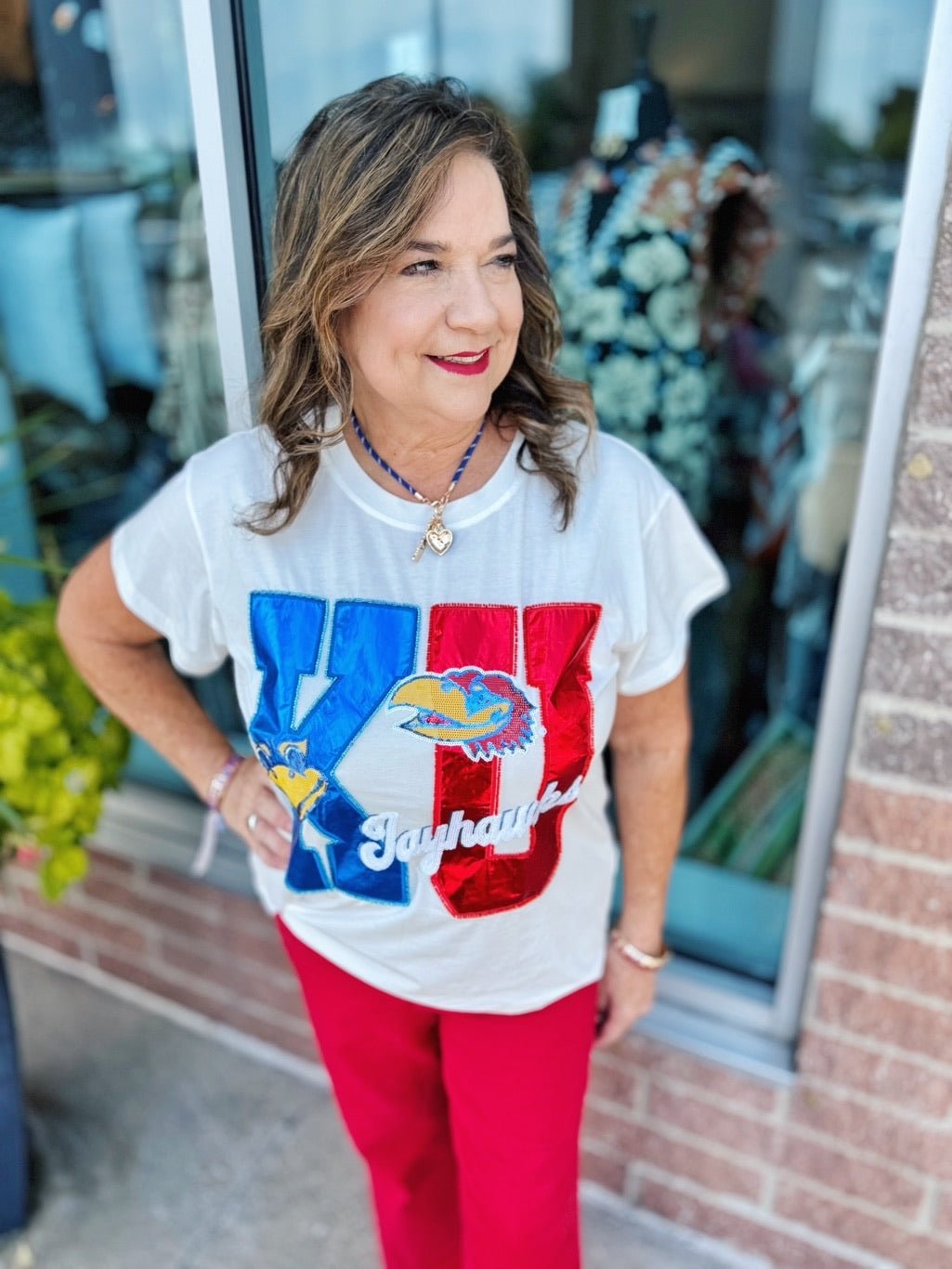 Licensed KU Metallic Tee by Queen of Sparkles - Amelia's Boutique