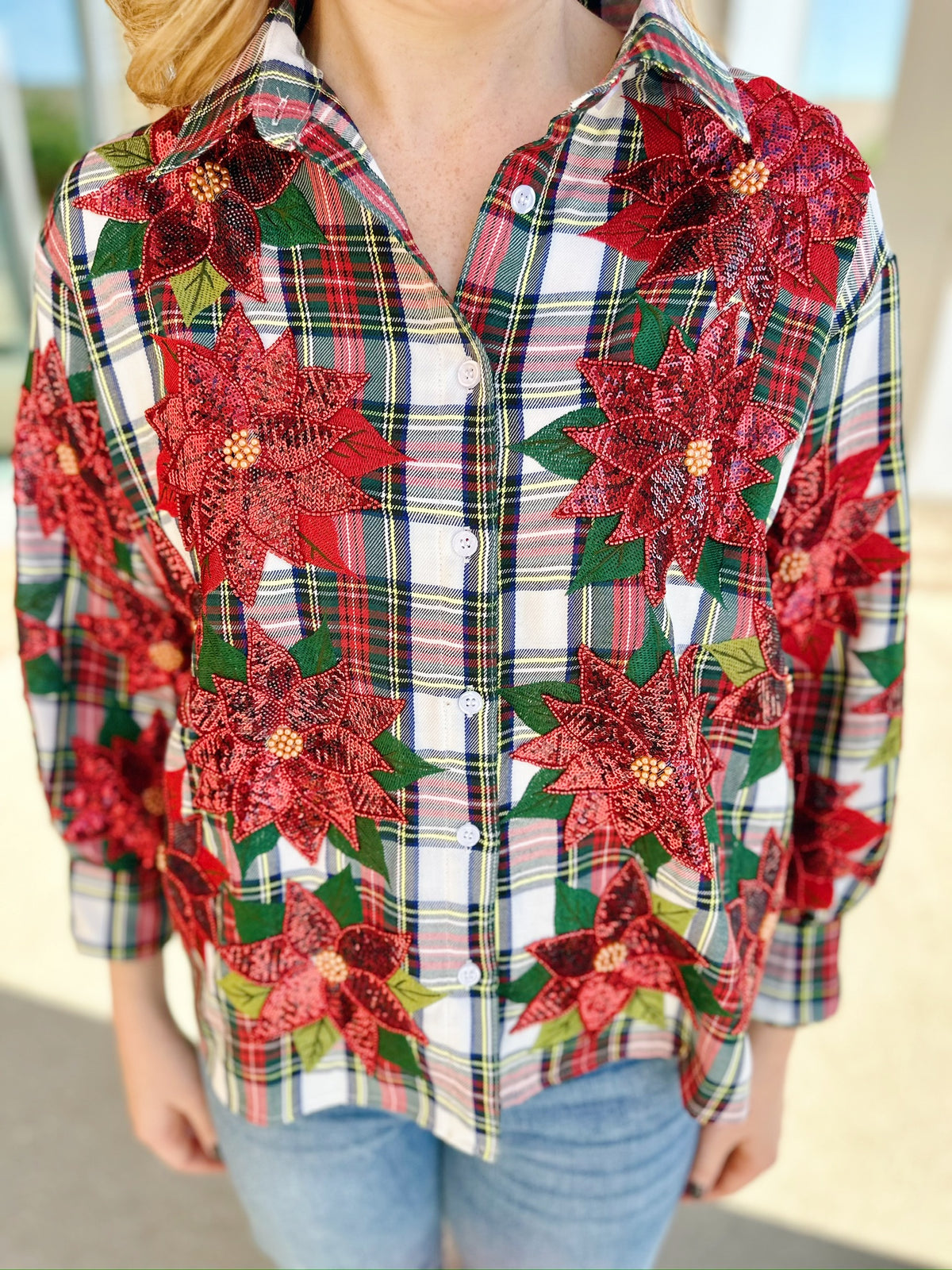 Queen of Sparkles Holiday Plaid and Poinsettia Button Up - Amelia's Boutique