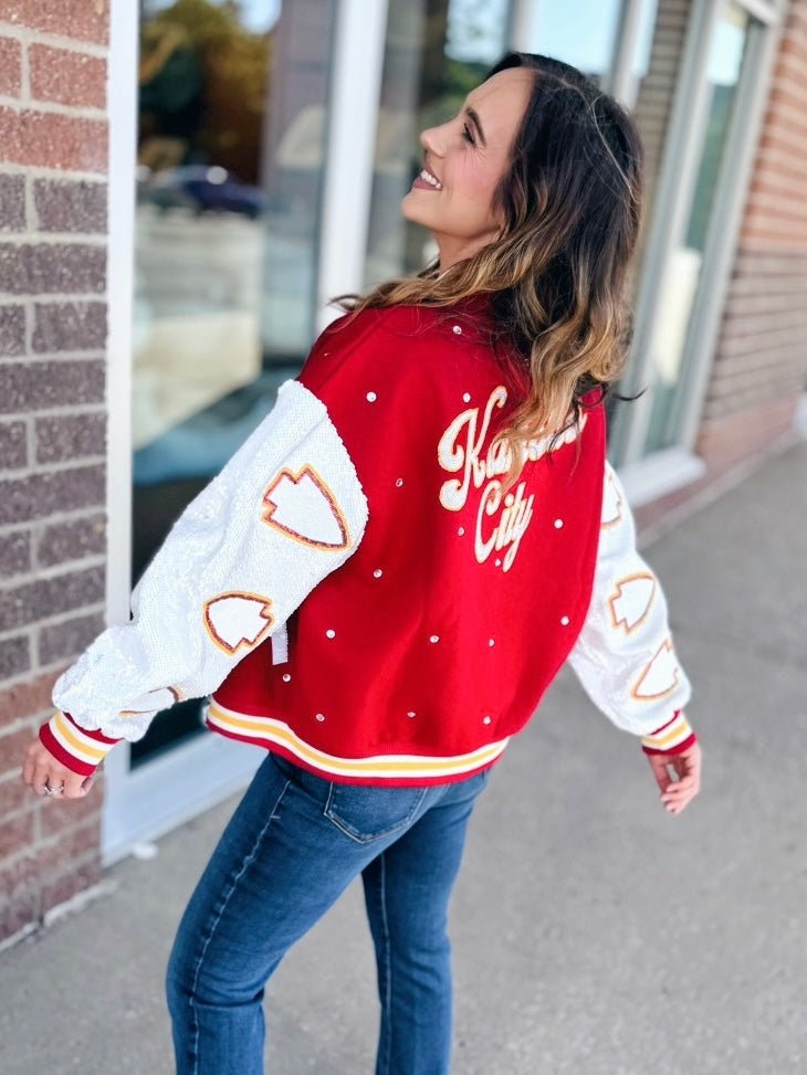 Queen of Sparkles x Amelia's Boutique Kansas City Varsity Bomber Jacket - Amelia's Boutique