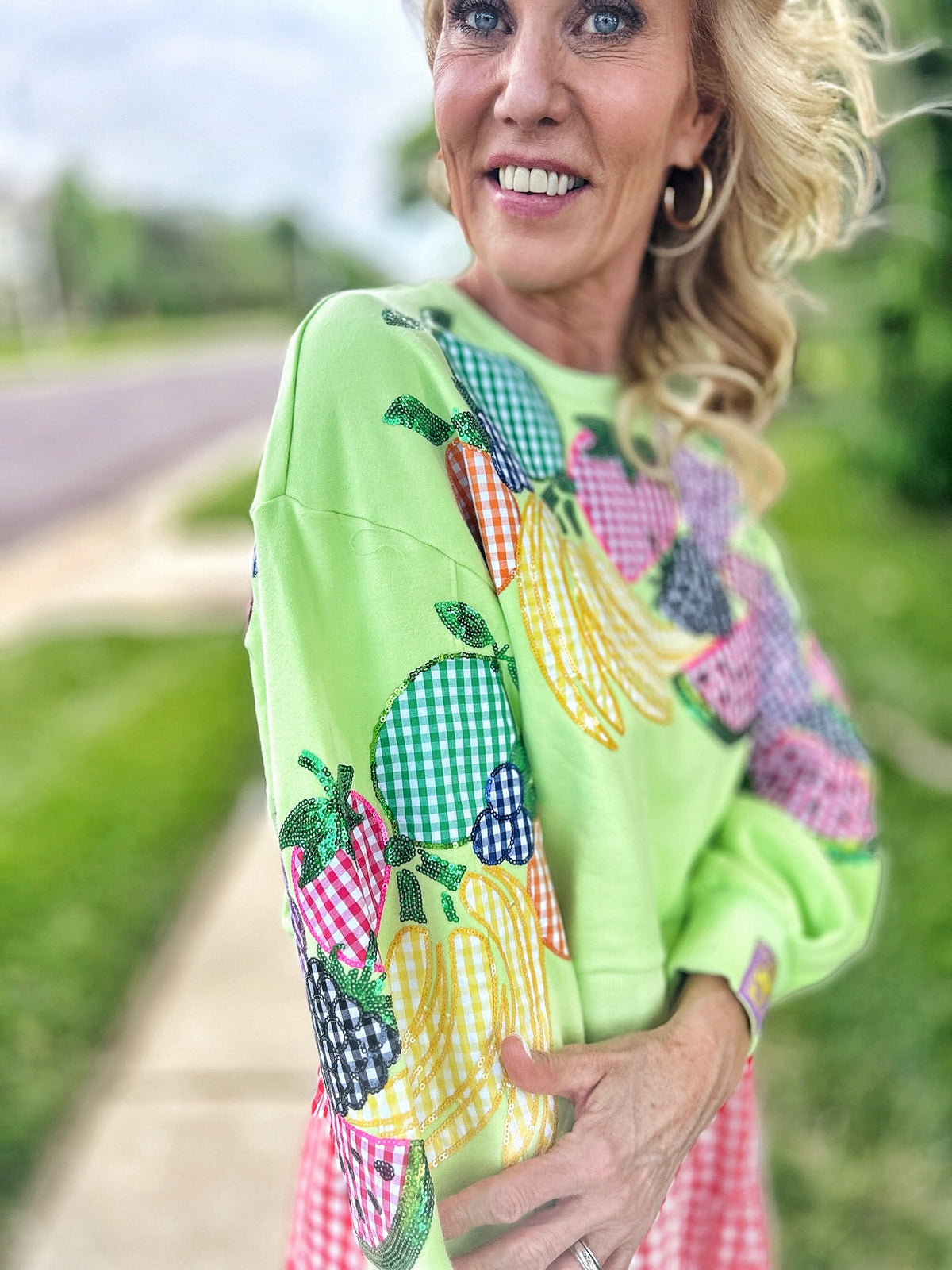 Queen of Sparkles Gingham Fruit Women’s Sweatshirt - Amelia's Boutique