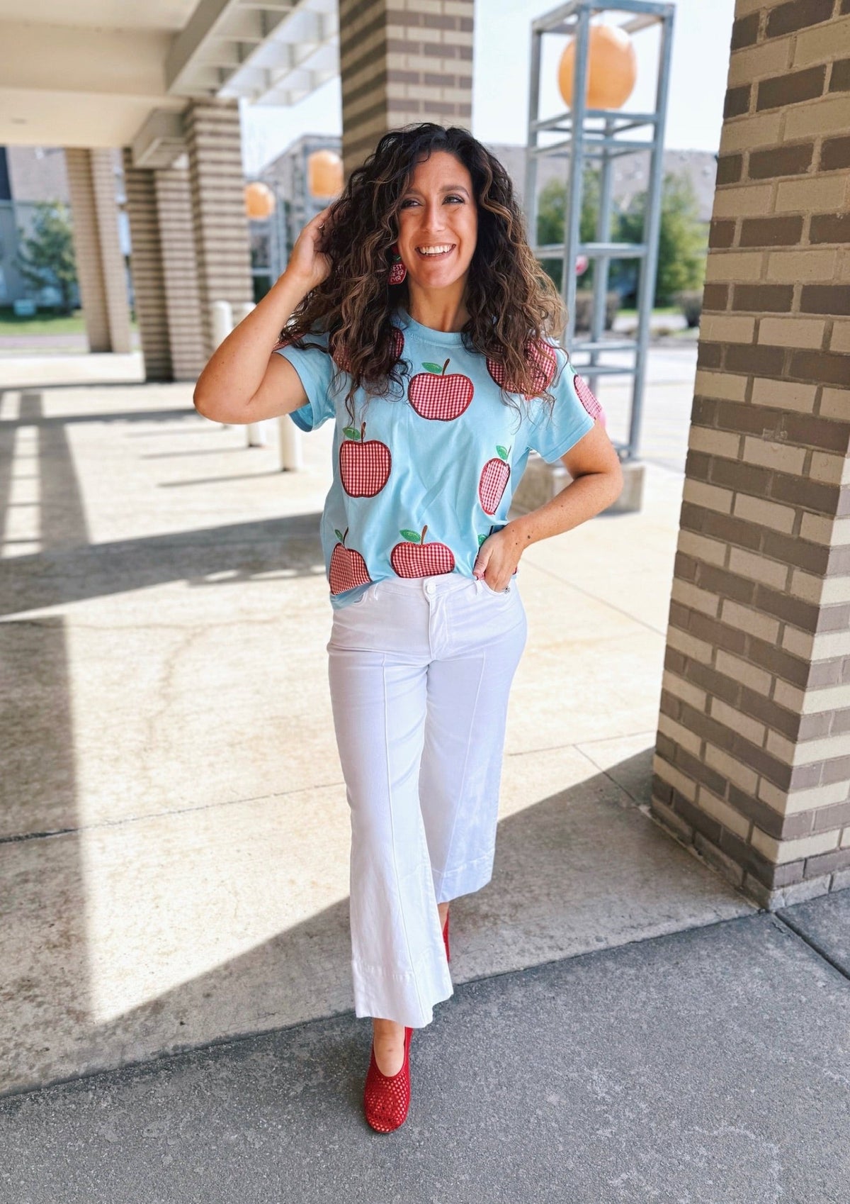Queen of Sparkles Gingham Apple Women's Tee in Baby Blue - Amelia's Boutique