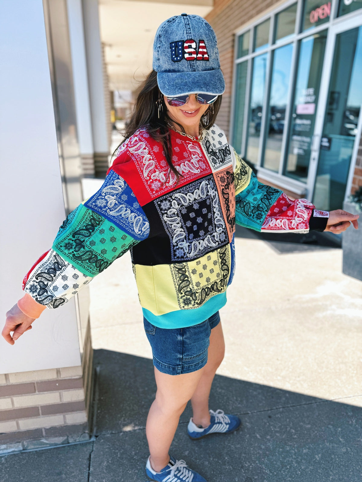 Queen of Sparkles Bandana Checkered & Beaded Women’s Sweatshirt - Amelia's Boutique