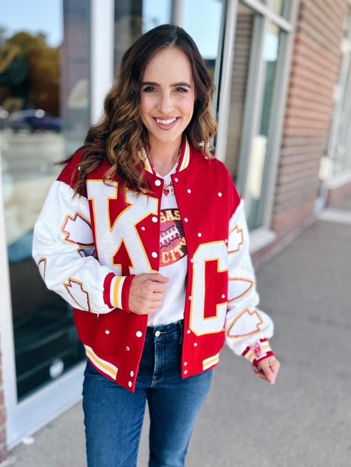 Queen of Sparkles x Amelia's Boutique Kansas City Varsity Bomber Jacket - Amelia's Boutique