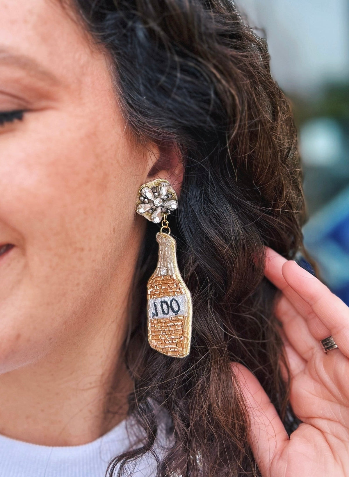 Bride "I Do" Champagne Bottle Earrings in Gold - Amelia's Boutique
