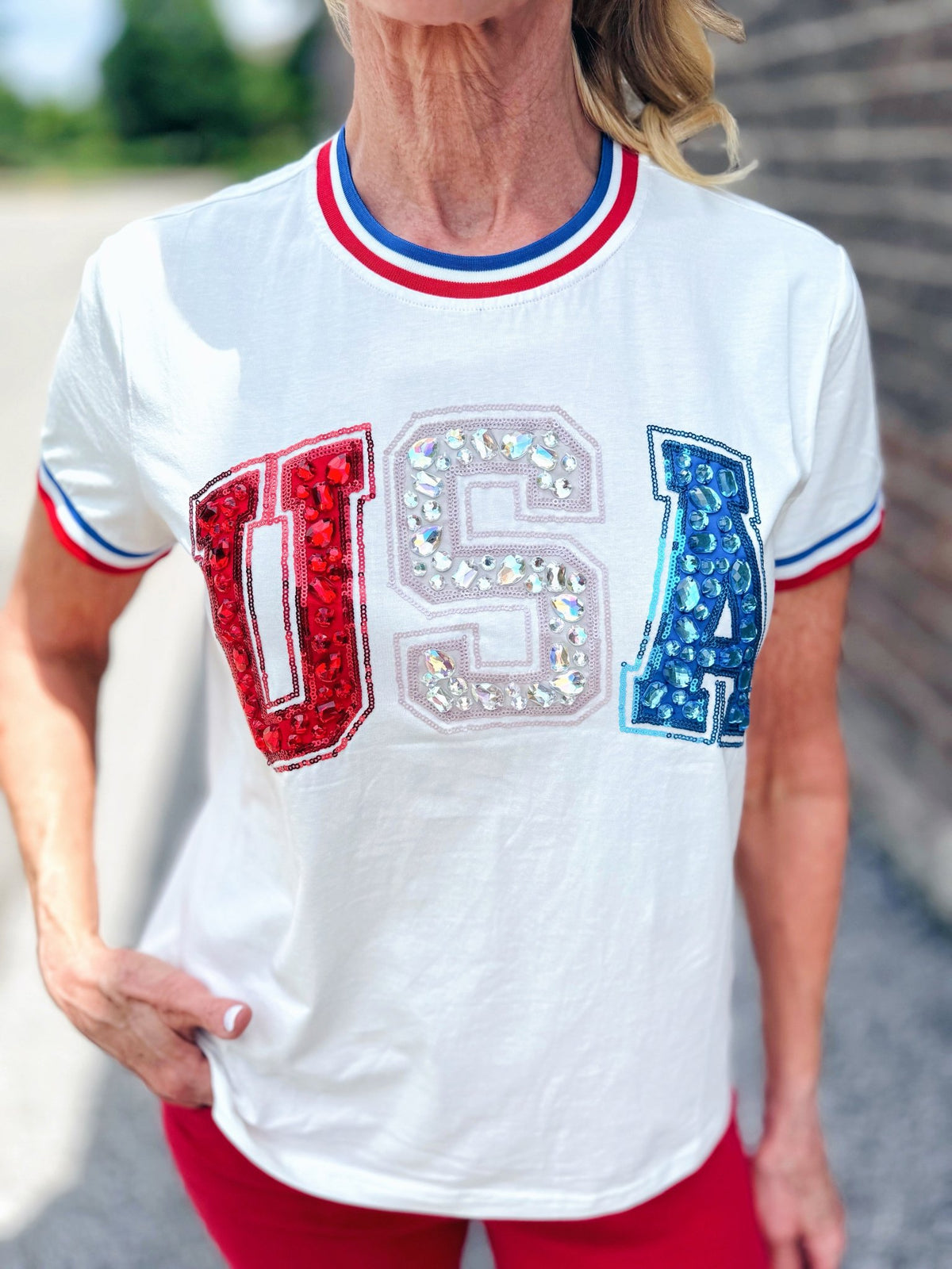 Queen of Sparkles x Amelia’s Boutique USA Sport Stripe Women’s Tee - Amelia's Boutique