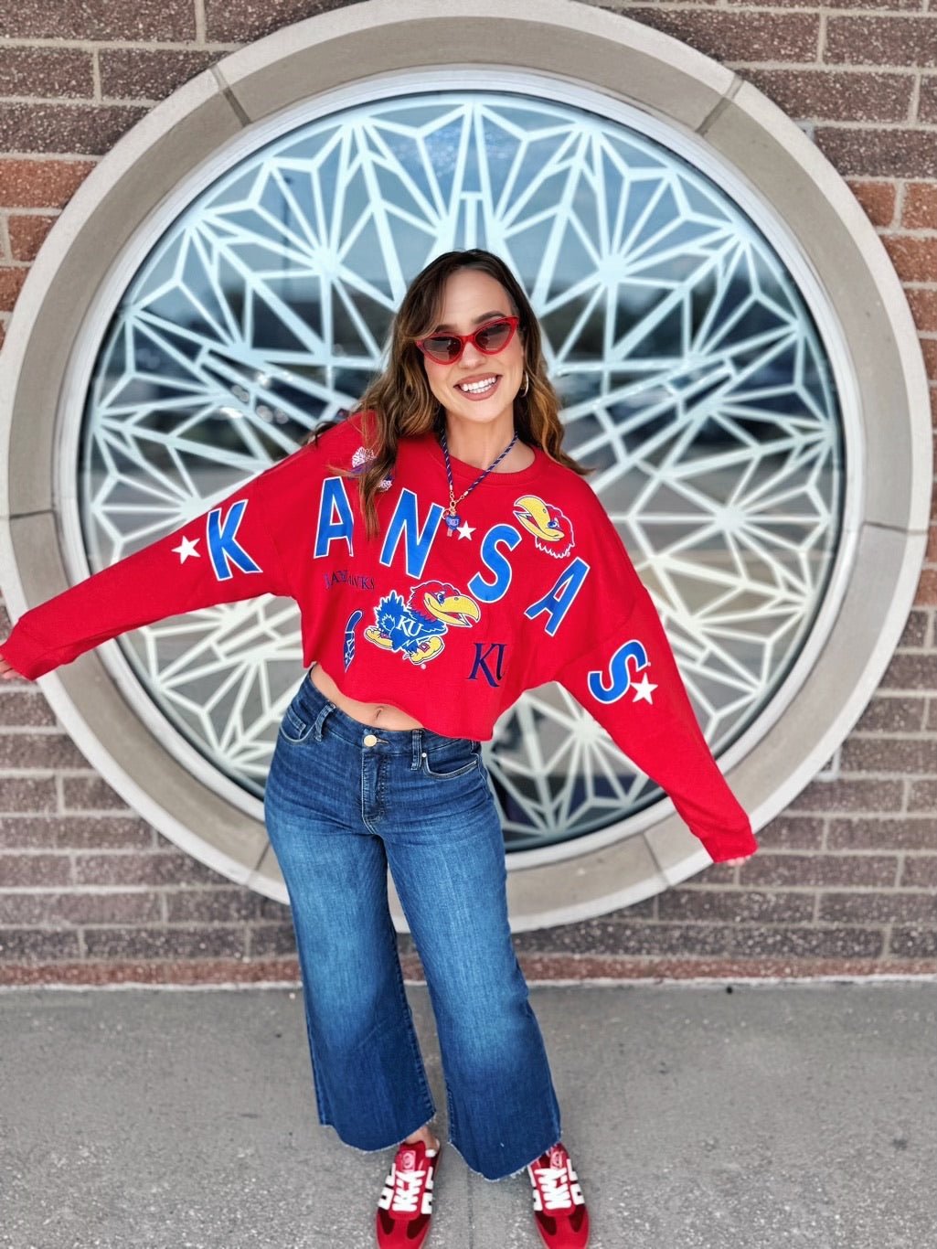 Licensed Kansas (KU) Crop Sweatshirt - Amelia's Boutique
