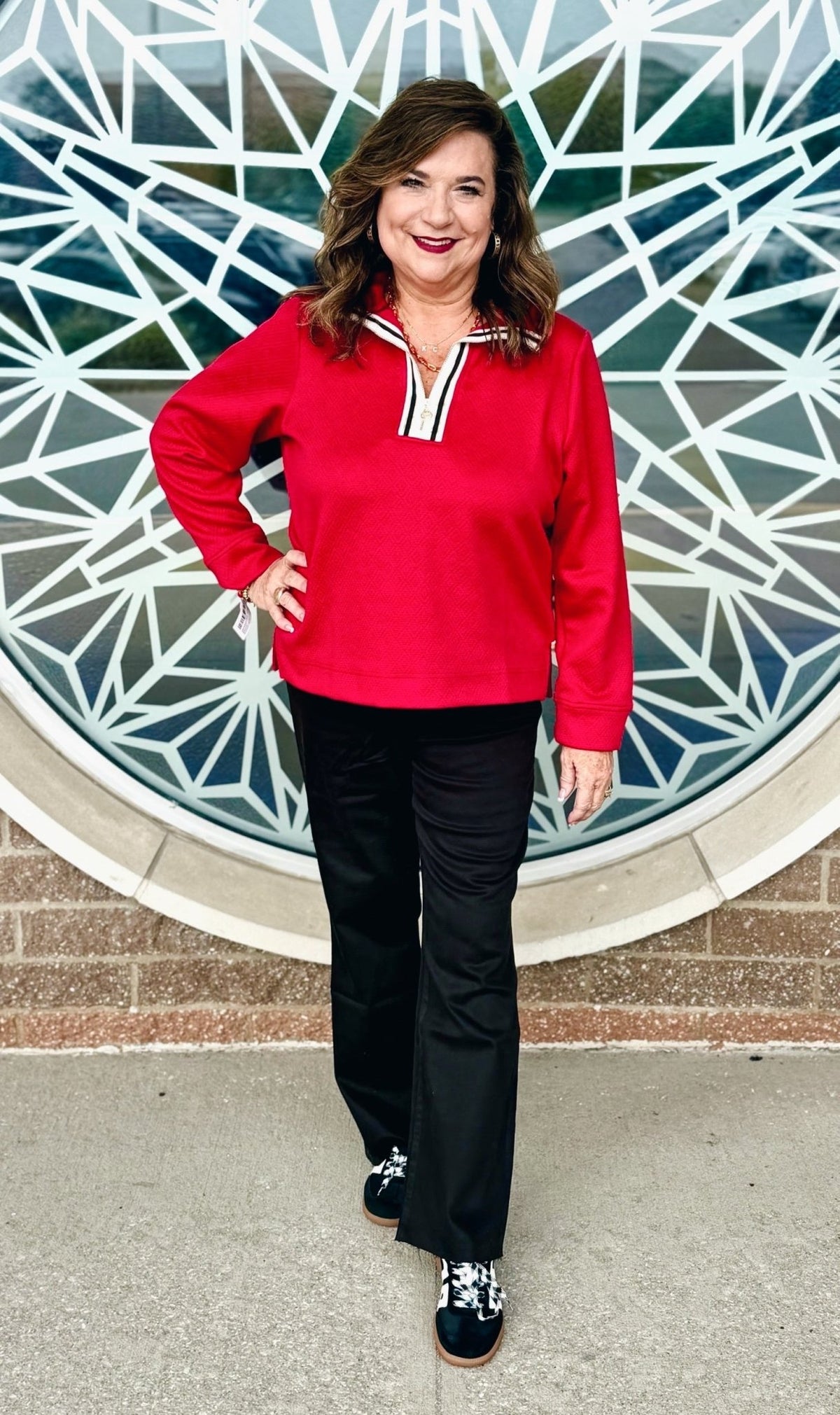 Half Zip Red Textured Long Sleeve Top - Amelia's Boutique