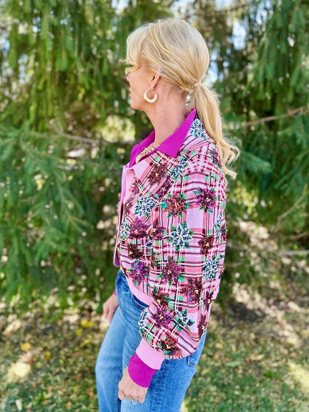 Queen of Sparkles Plaid Poinsettia Cardigan - Amelia's Boutique