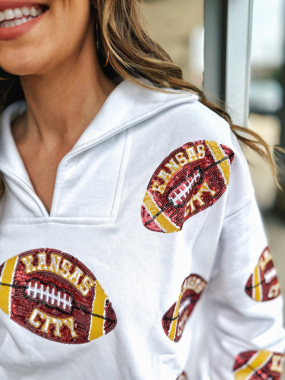 Scattered Kansas City Football Collared V Neck Sweatshirt - Queen of Sparkles x Amelia's Collab - Amelia's Boutique
