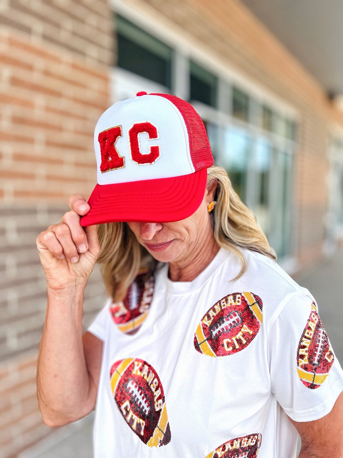 KC Trucker Hat with Varsity Block Patch Letter - Amelia's Boutique