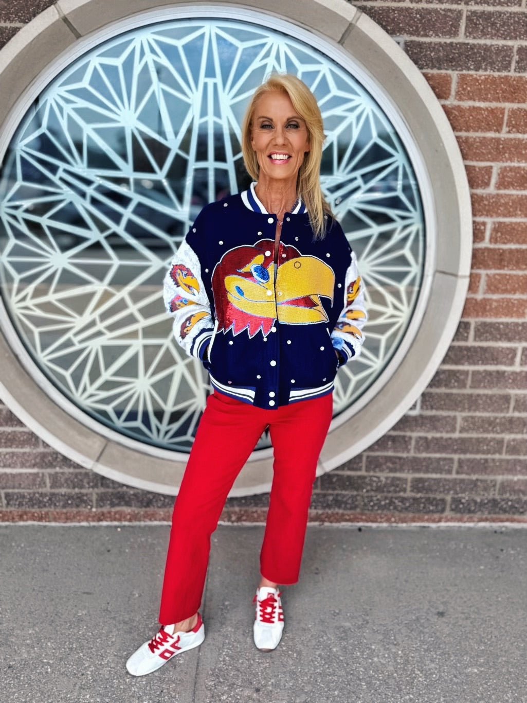 Queen of Sparkles KU (Kansas Univ.) Sequined Licensed Varsity Jacket - Amelia's Boutique