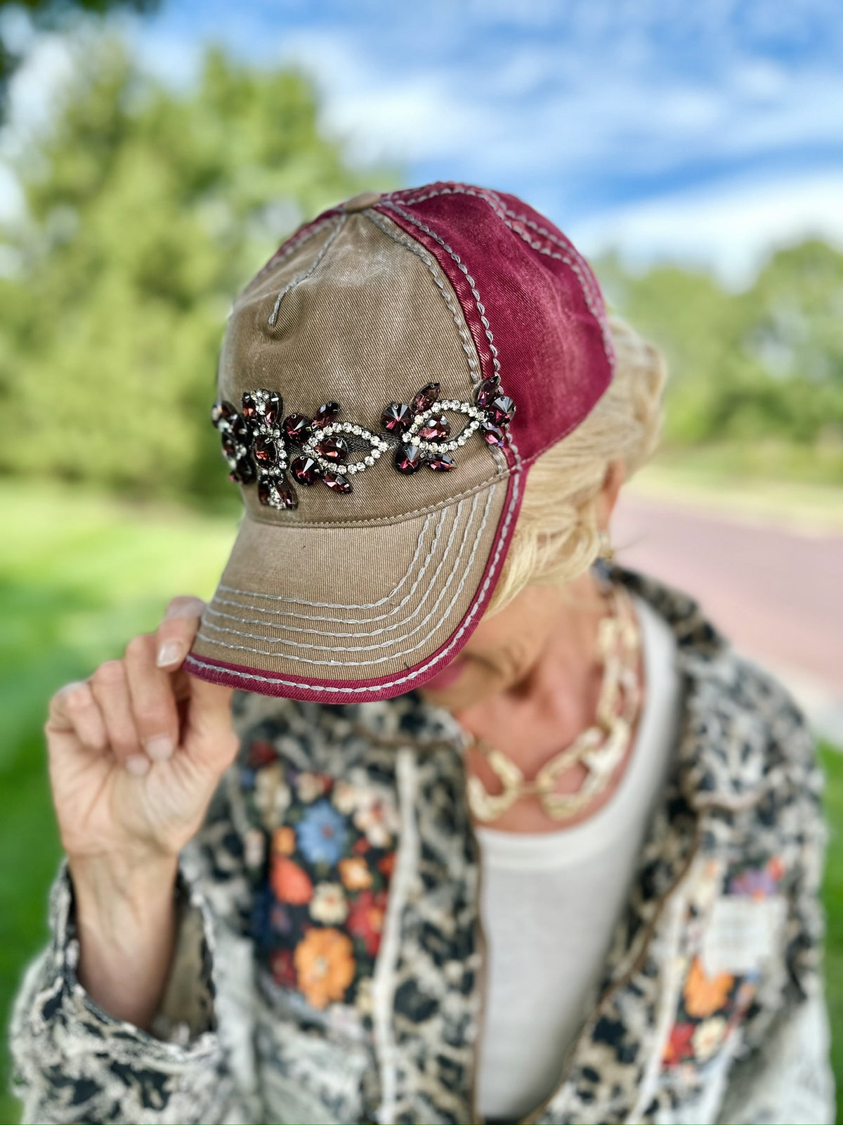Jeweled Two-Tone Hat in Burgundy/Taupe - Amelia's Boutique