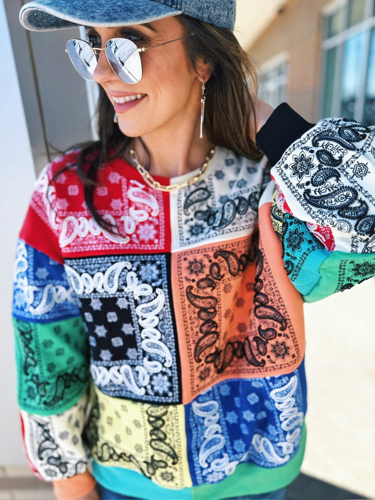 Queen of Sparkles Bandana Checkered & Beaded Women’s Sweatshirt - Amelia's Boutique