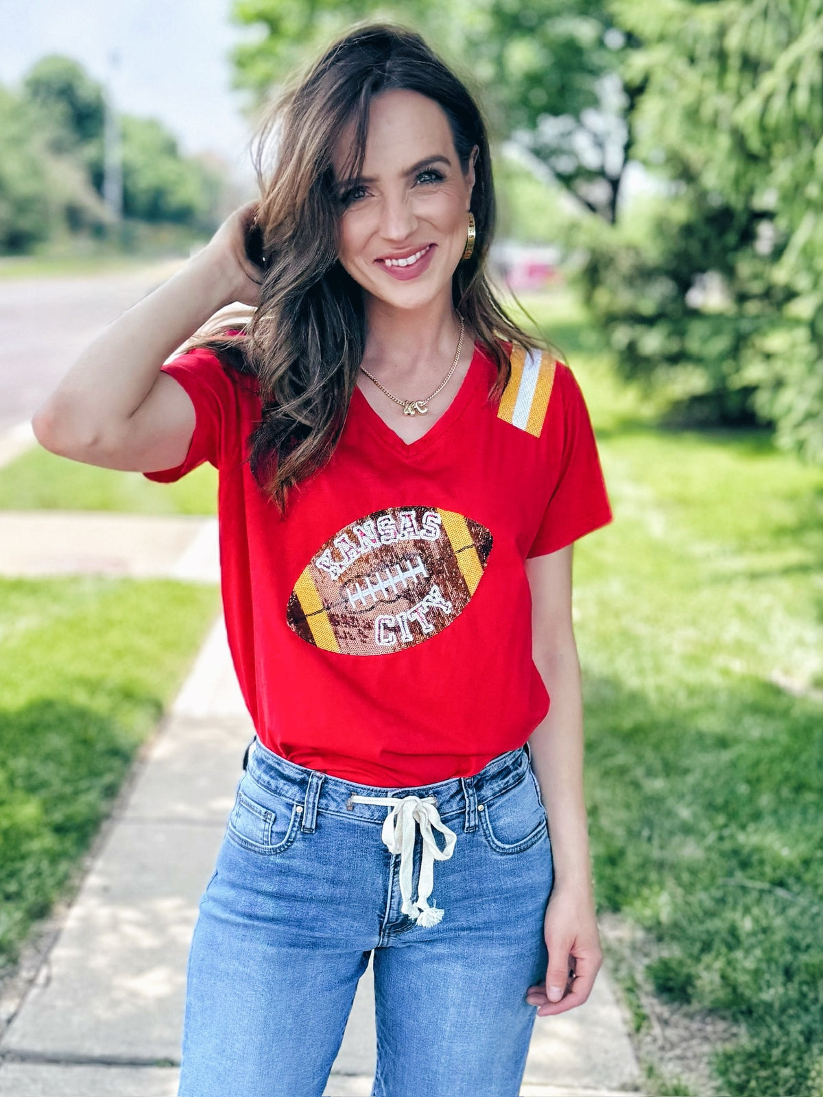 Queen of Sparkles x Amelia’s Boutique Red KC Football Tee - Amelia's Boutique