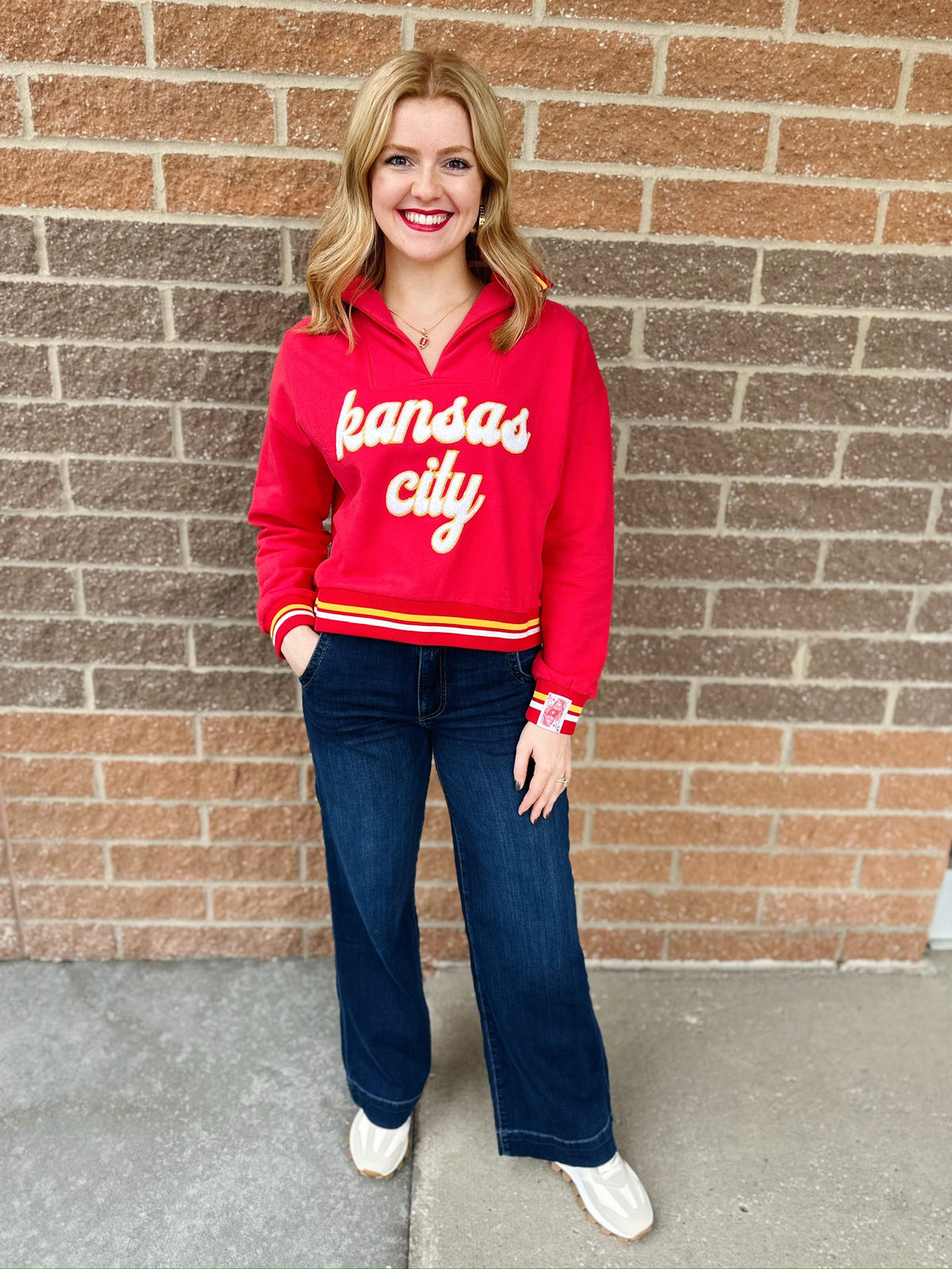 Queen of Sparkles X Amelia's Boutique - Fuzzy Kansas City Script Sweatshirt - Amelia's Boutique