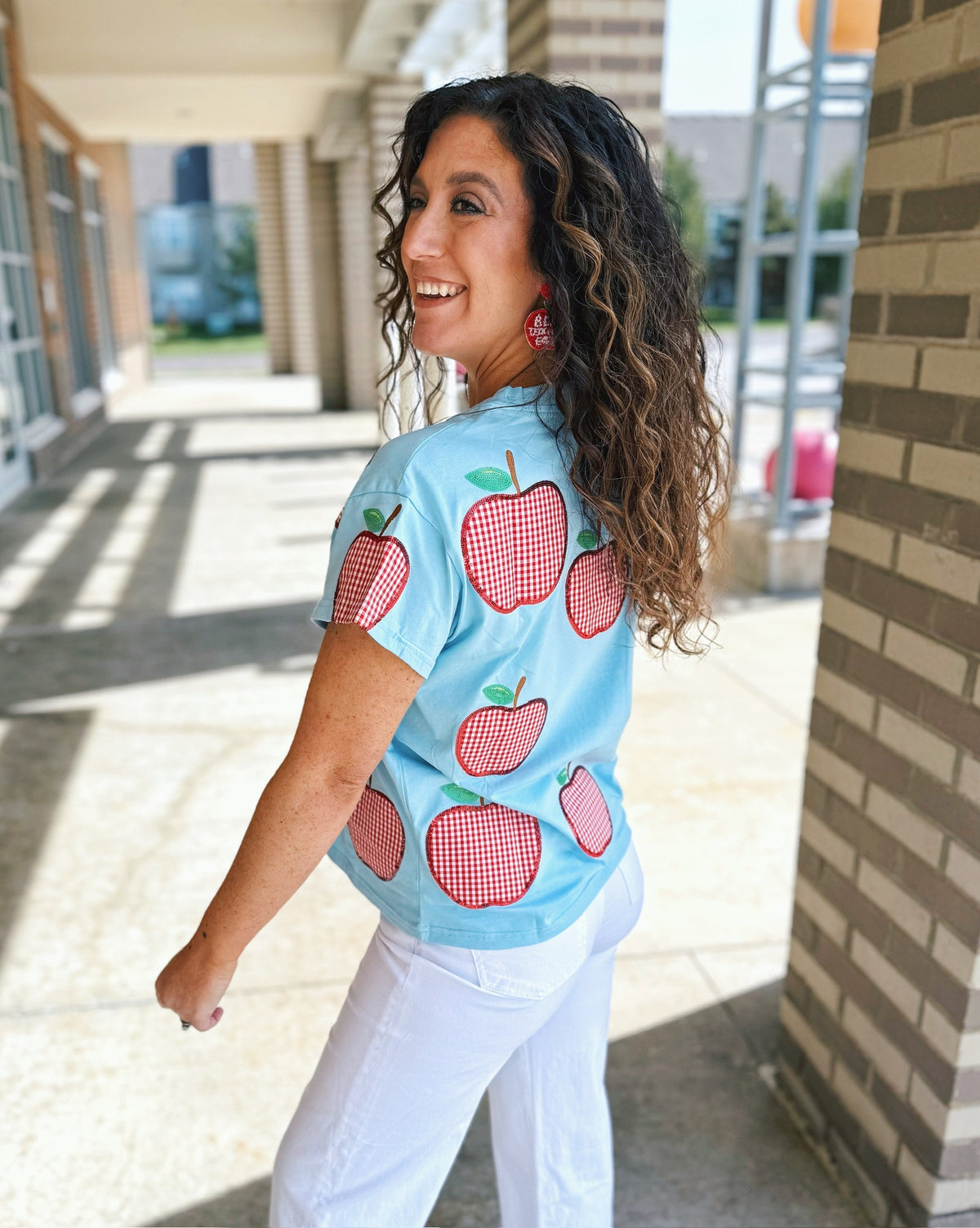 Queen of Sparkles Gingham Apple Women's Tee in Baby Blue - Amelia's Boutique