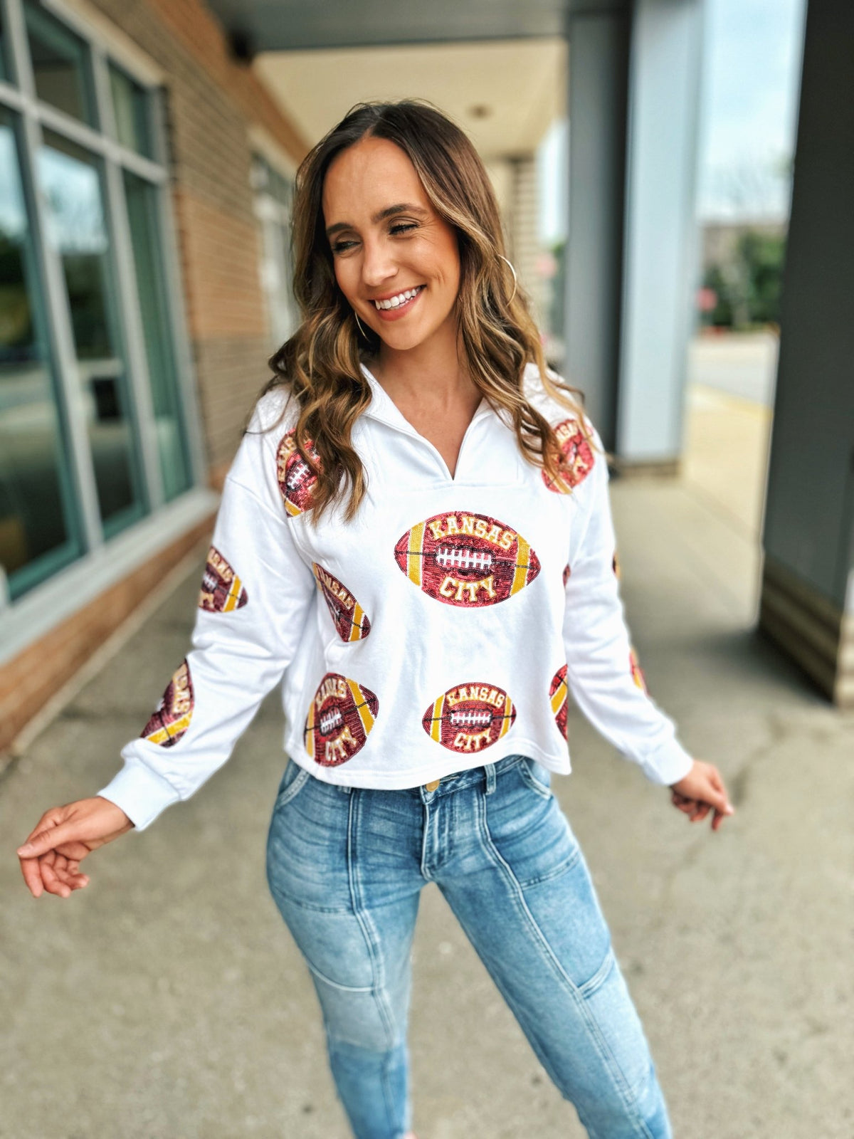 Scattered Kansas City Football Collared V Neck Sweatshirt - Queen of Sparkles x Amelia's Collab - Amelia's Boutique