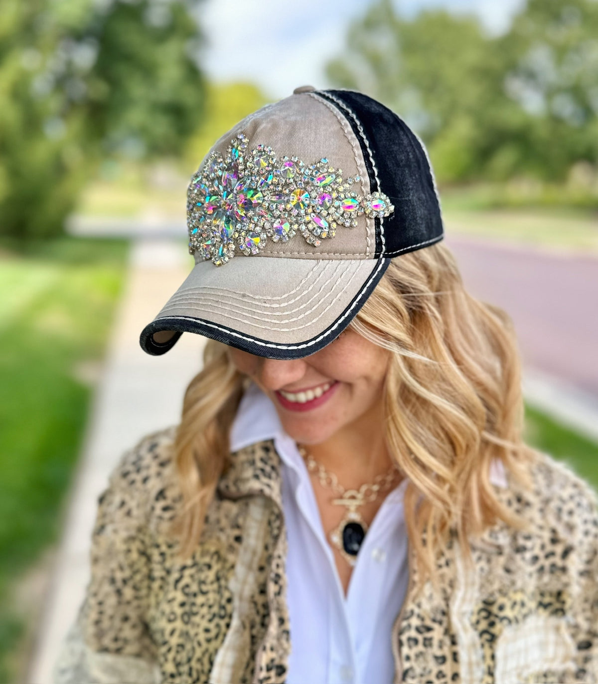 Jeweled Two-Tone Hat in Grey - Amelia's Boutique